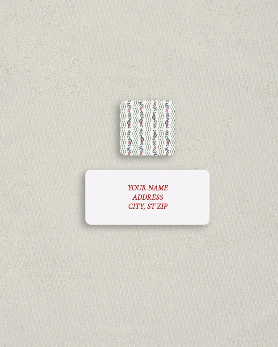 This is a 2¼" x 1" Labels; 1" x 1" Seals Return Address Label called Merry Garland printed in full color