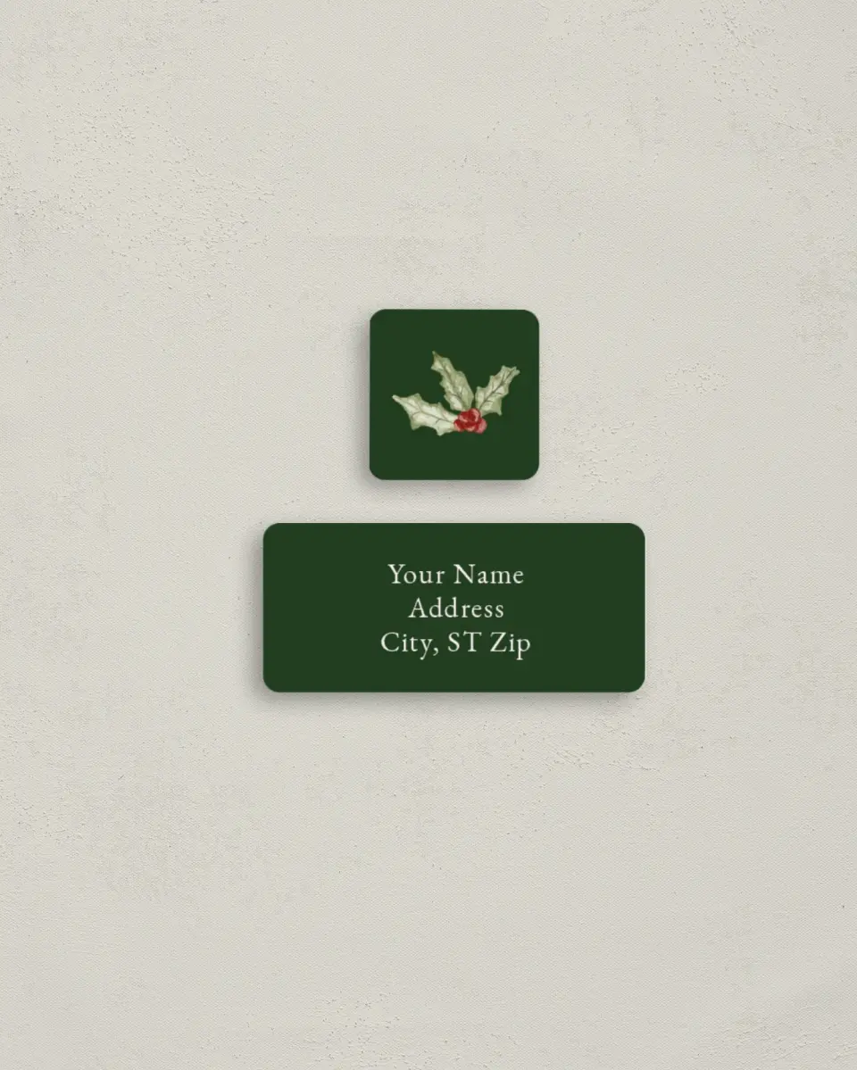 This is a 2¼" x 1" Labels; 1" x 1" Seals Return Address Label called Holly Wish printed in full color