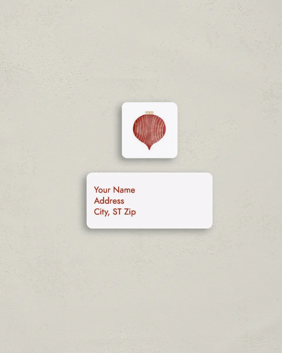 This is a 2¼" x 1" Labels; 1" x 1" Seals Return Address Label called Holiday Baubles printed in full color