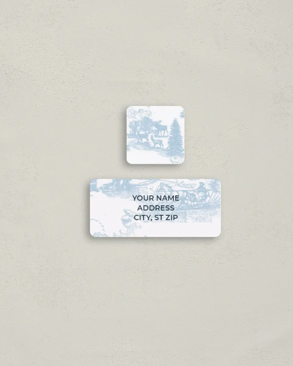 This is a 2¼" x 1" Labels; 1" x 1" Seals Return Address Label called Vintage Scene printed in full color