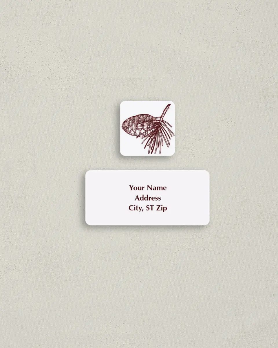 This is a 2¼" x 1" Labels; 1" x 1" Seals Return Address Label called Pinecone Path printed in full color