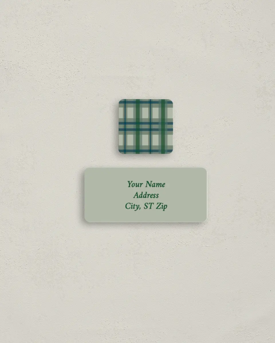 This is a 2¼" x 1" Labels; 1" x 1" Seals Return Address Label called Winter Plaid printed in full color