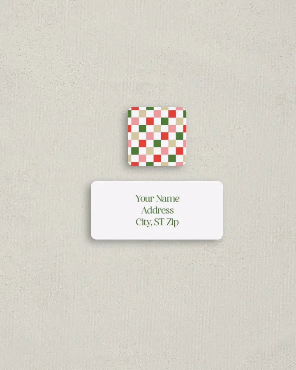 This is a 2¼" x 1" Labels; 1" x 1" Seals Return Address Label called Merry Check printed in full color