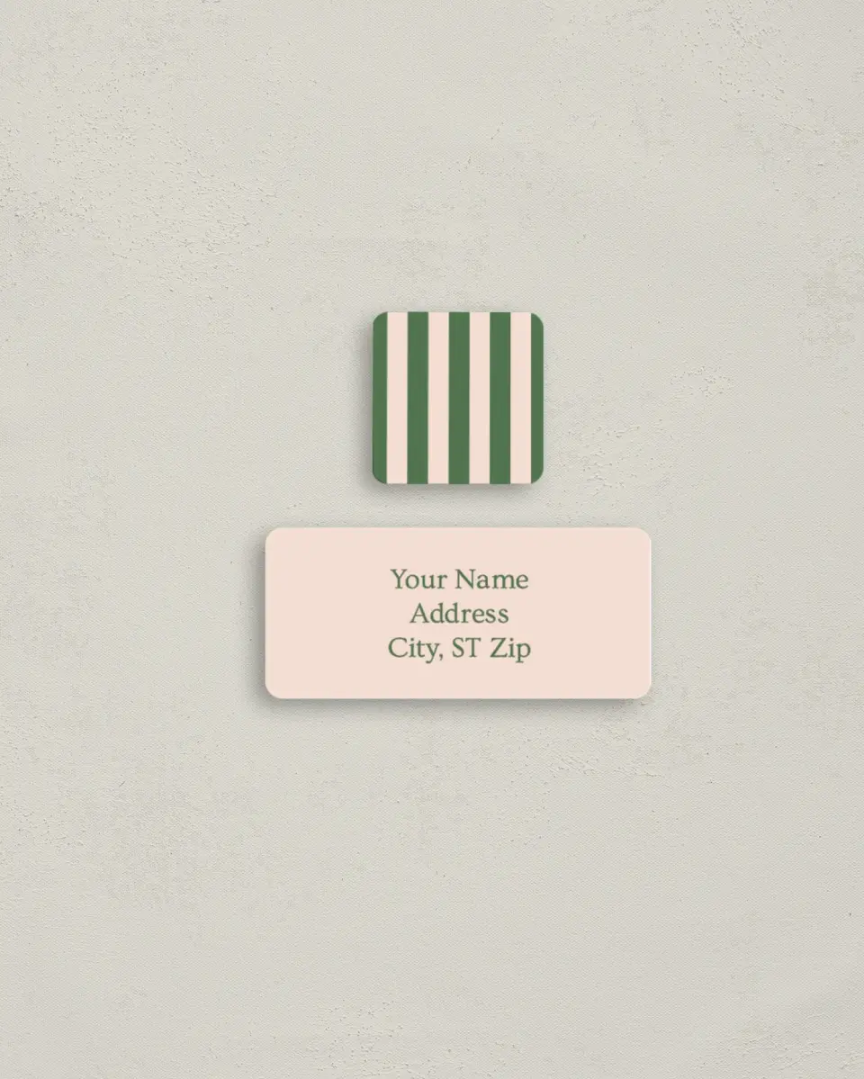 This is a 2¼" x 1" Labels; 1" x 1" Seals Return Address Label called Whimsy Stripes printed in full color