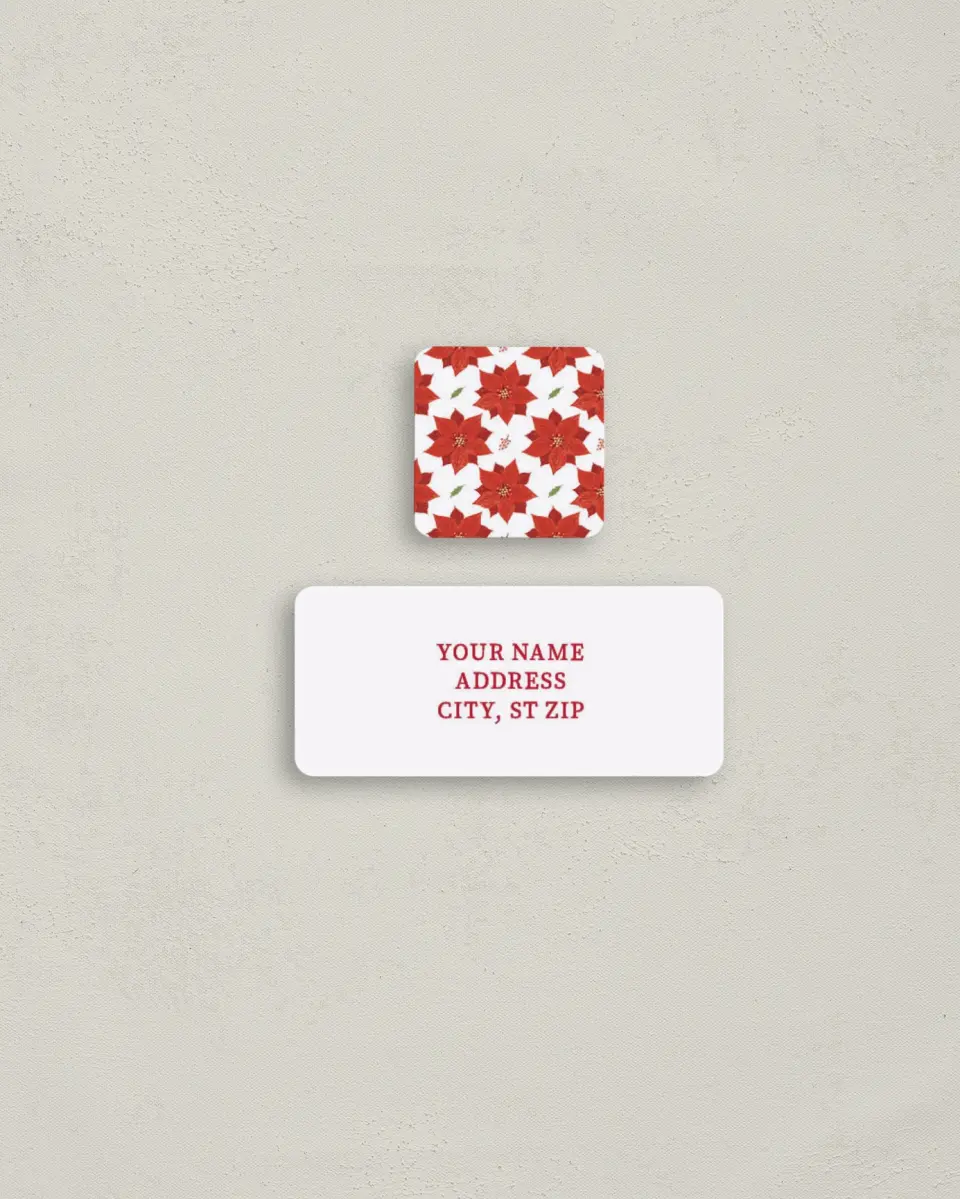This is a 2¼" x 1" Labels; 1" x 1" Seals Return Address Label called Poinsettia Print printed in full color