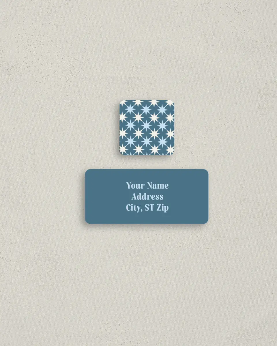 This is a 2¼" x 1" Labels; 1" x 1" Seals Return Address Label called Winter Star printed in full color