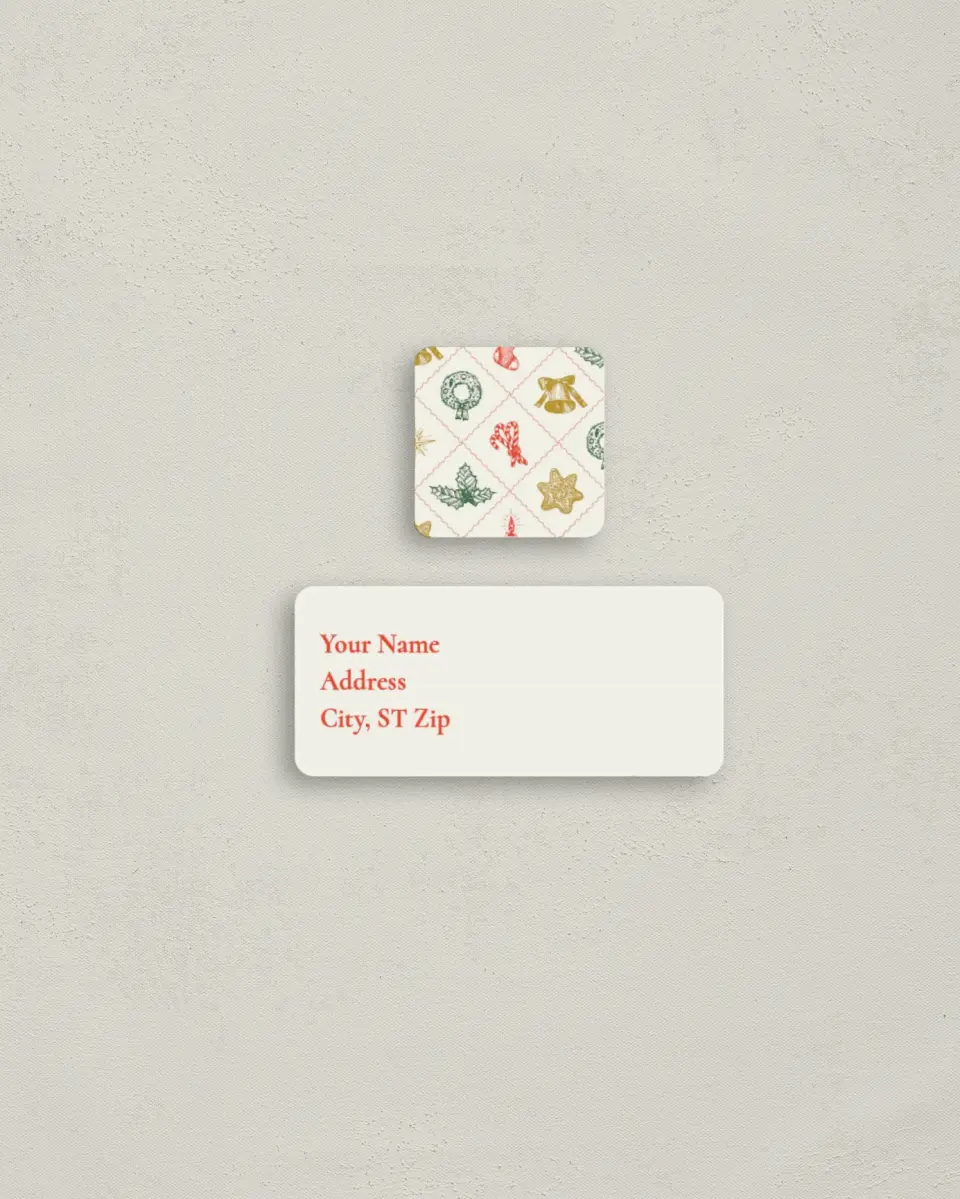 This is a 2¼" x 1" Labels; 1" x 1" Seals Return Address Label called Jolly Wreath printed in full color
