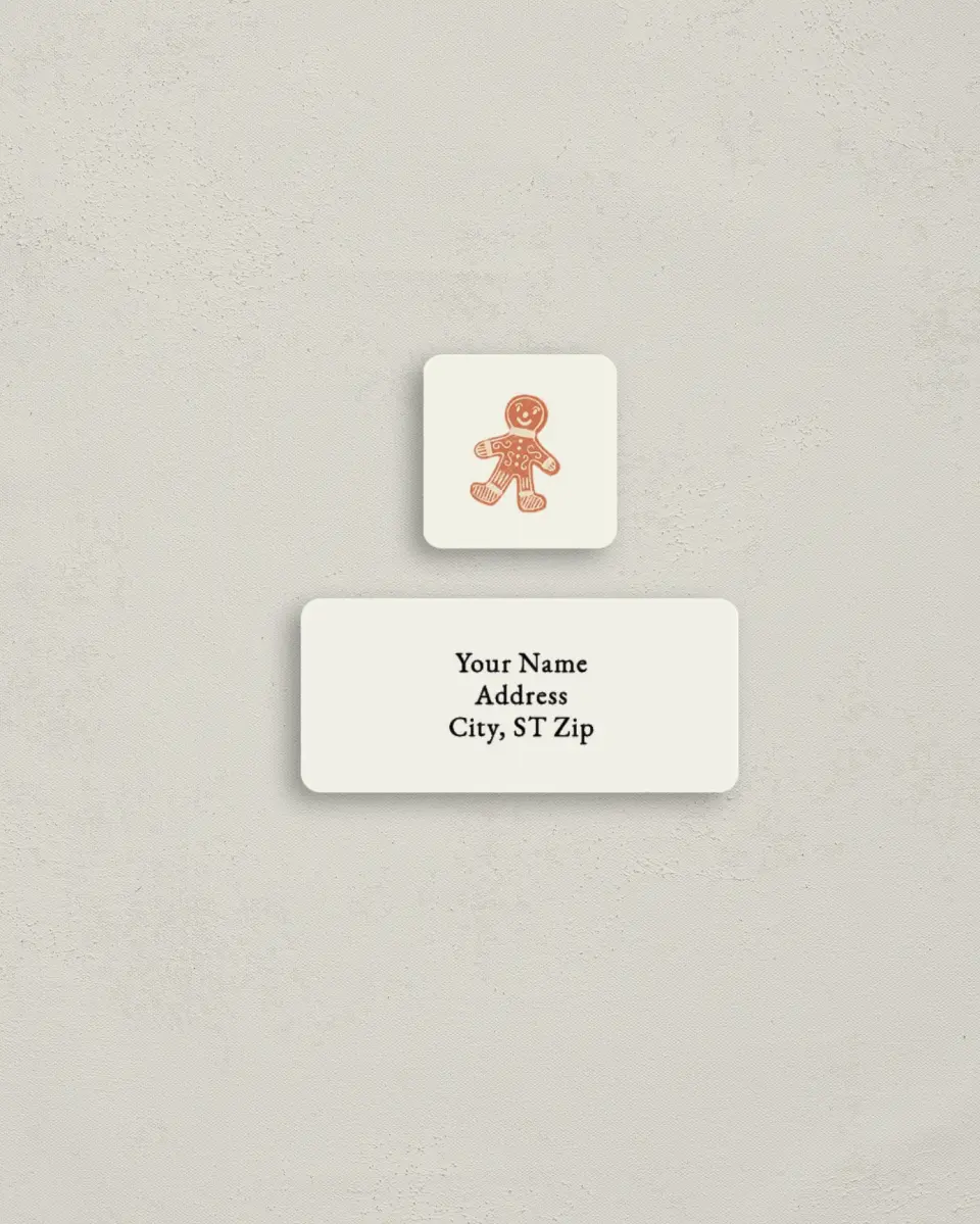 This is a 2¼" x 1" Labels; 1" x 1" Seals Return Address Label called Gingerbread Joy printed in full color