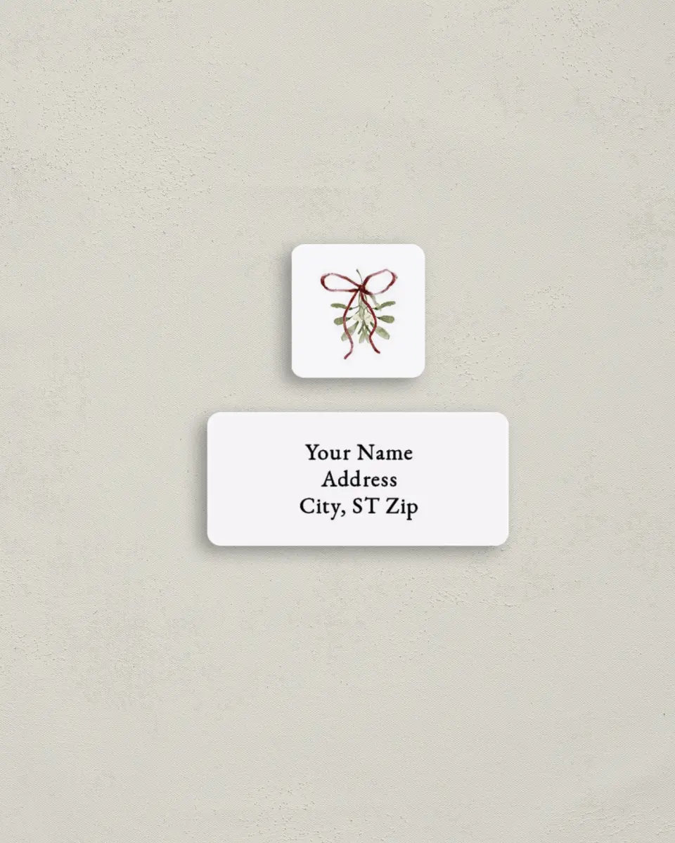 This is a 2¼" x 1" Labels; 1" x 1" Seals Return Address Label called Mistletoe Moments printed in full color