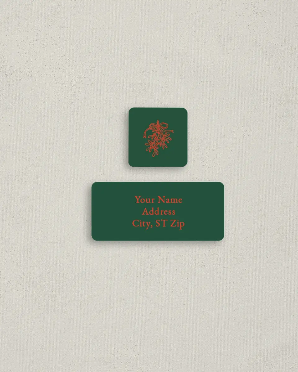This is a 2¼" x 1" Labels; 1" x 1" Seals Return Address Label called Mistletoe Kiss printed in full color