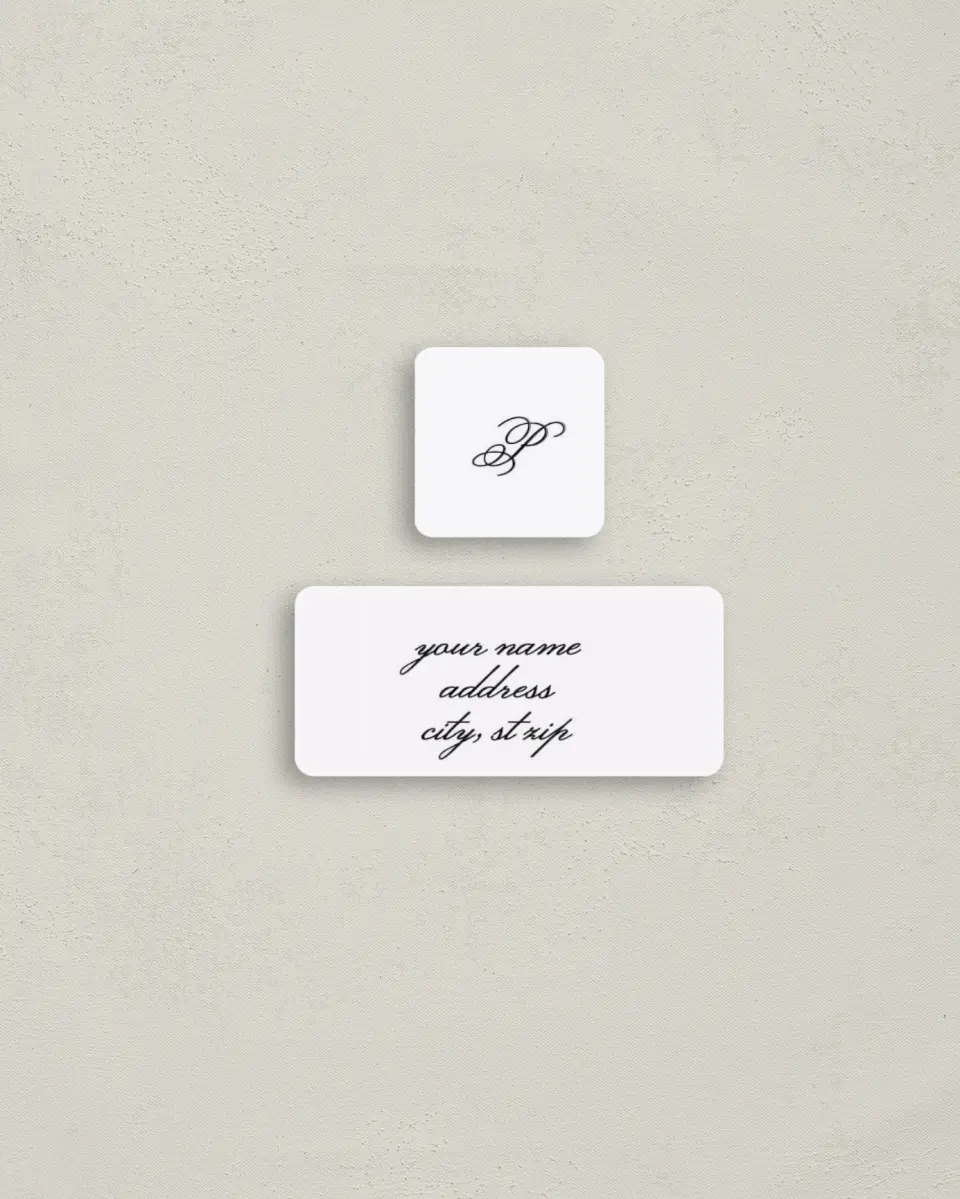 This is a 2¼" x 1" Labels; 1" x 1" Seals Return Address Label called Formal Script printed in full color