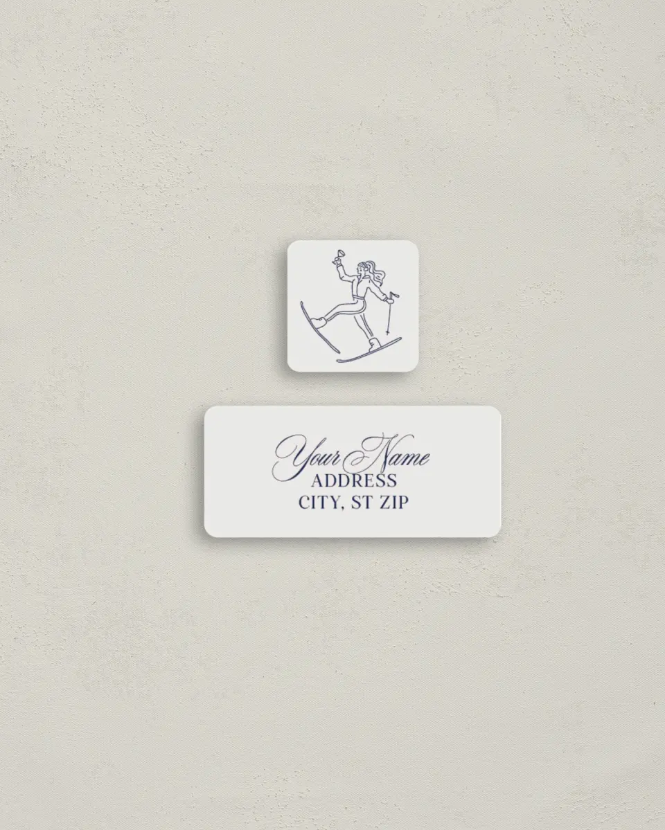 This is a 2¼" x 1" Labels; 1" x 1" Seals Bachelorette Party Accessorie called Aprés Ski printed in full color