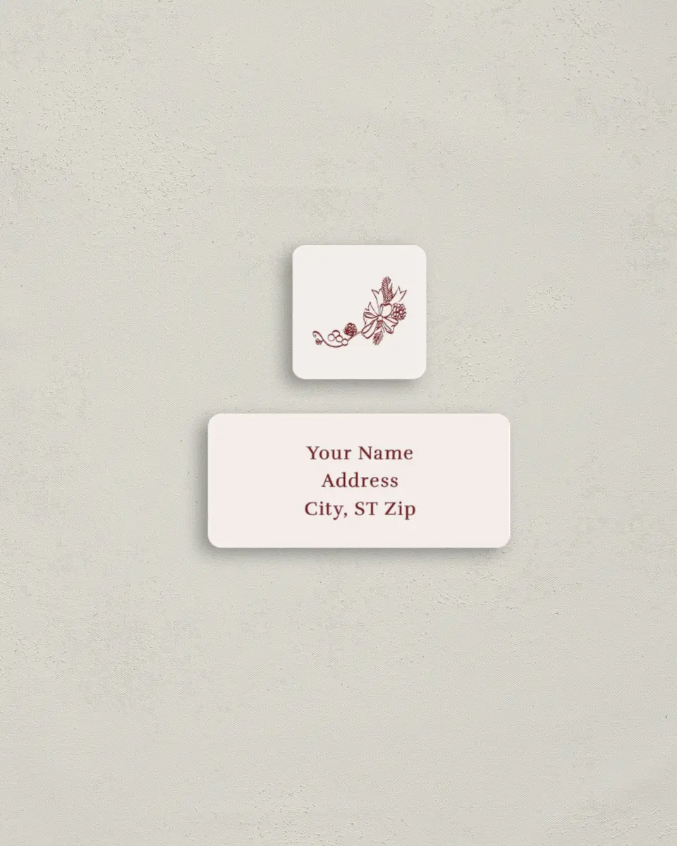 This is a 2¼" x 1" Labels; 1" x 1" Seals Return Address Label called Wreath Tidings printed in full color