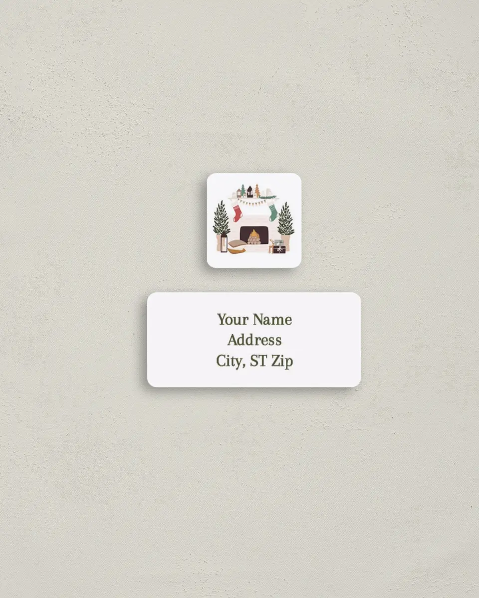 This is a 2¼" x 1" Labels; 1" x 1" Seals Return Address Label called Merry Mantlepiece printed in full color