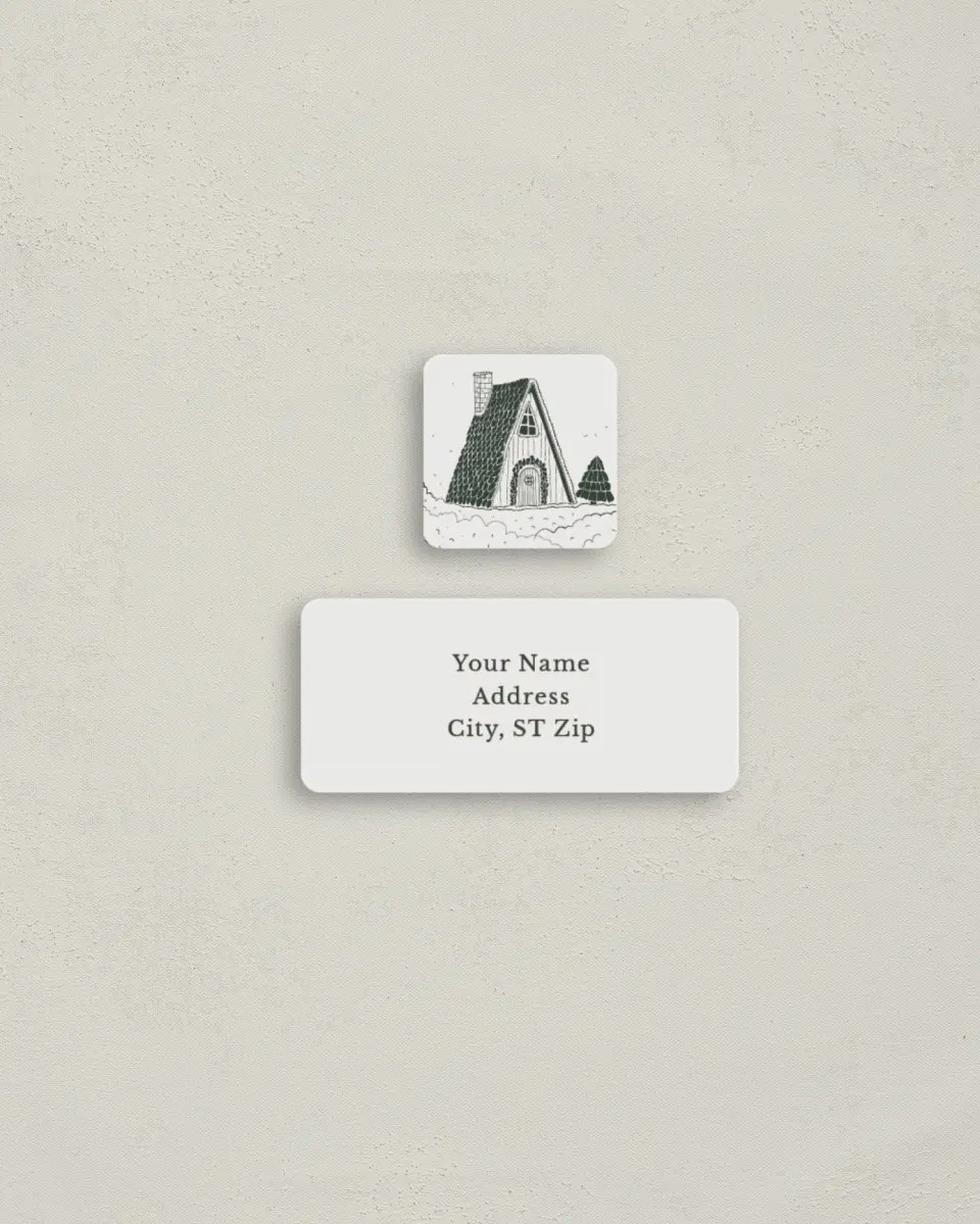 This is a 2¼" x 1" Labels; 1" x 1" Seals Return Address Label called Cozy Snowy Cabin printed in full color