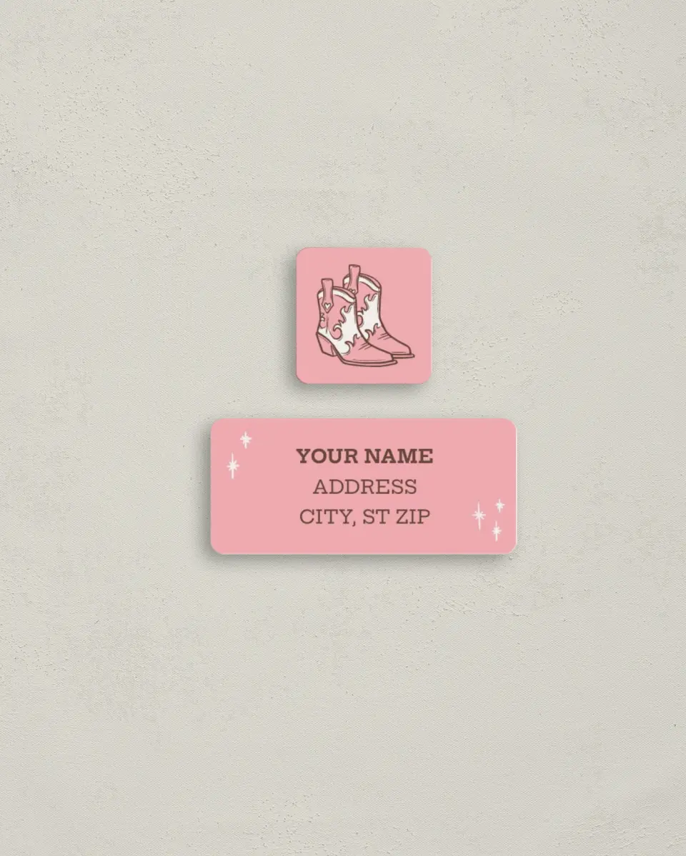 This is a 2¼" x 1" Labels; 1" x 1" Seals Bachelorette Party Accessorie called Cowgirls & Cocktails printed in full color