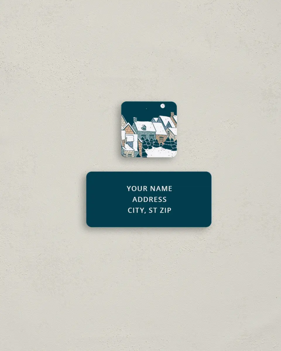 This is a 2¼" x 1" Labels; 1" x 1" Seals Return Address Label called Snow-Covered Neighborhood printed in full color