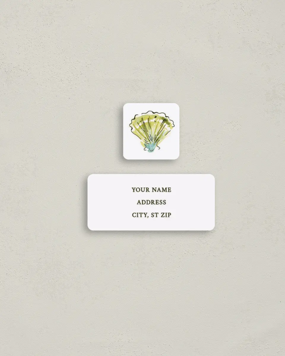 This is a 2¼" x 1" Labels; 1" x 1" Seals Return Address Label called Whimsical Shells printed in full color
