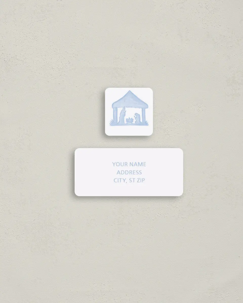This is a 2¼" x 1" Labels; 1" x 1" Seals Return Address Label called Let Us Adore Him printed in full color