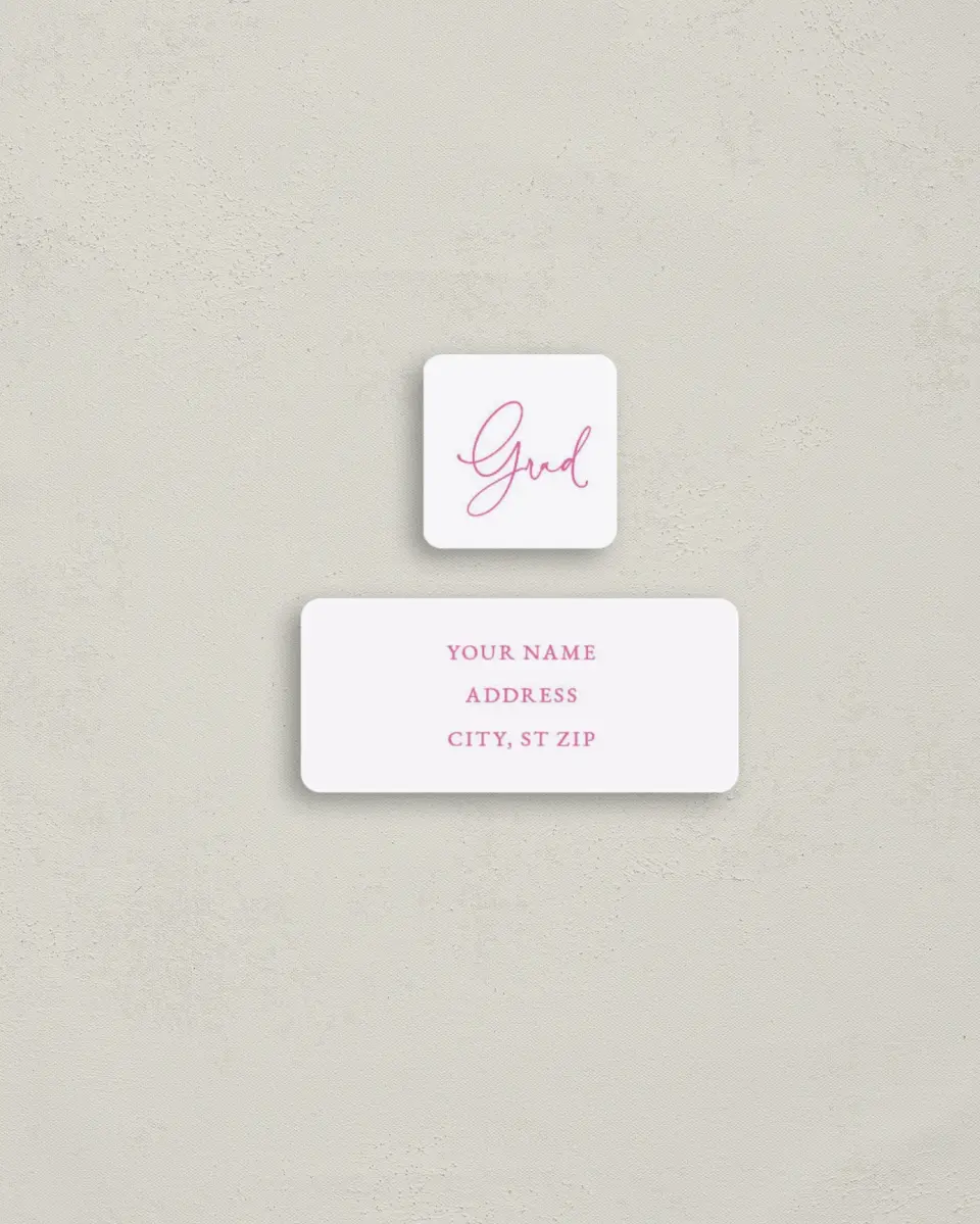 This is a 2¼" x 1" Labels; 1" x 1" Seals Return Address Label called Script Grad printed in full color