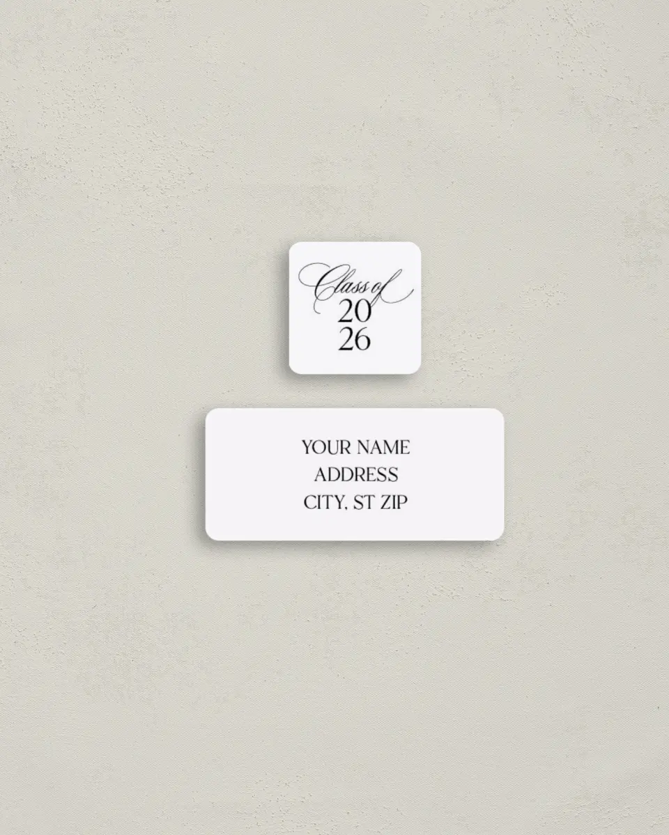 This is a 2¼" x 1" Labels; 1" x 1" Seals Return Address Label called Graduate Script printed in full color