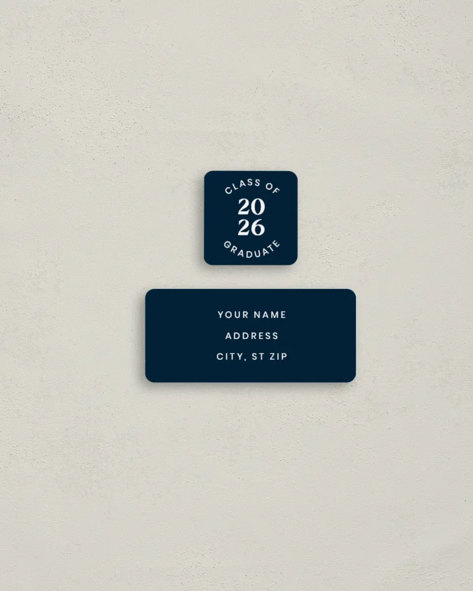This is a 2¼" x 1" Labels; 1" x 1" Seals Return Address Label called Sporty Grad printed in full color