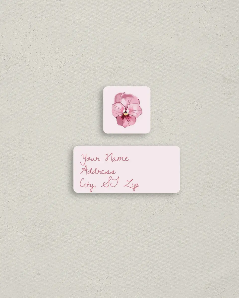 This is a 2¼" x 1" Labels; 1" x 1" Seals Return Address Label called Blushing Whimsy printed in full color