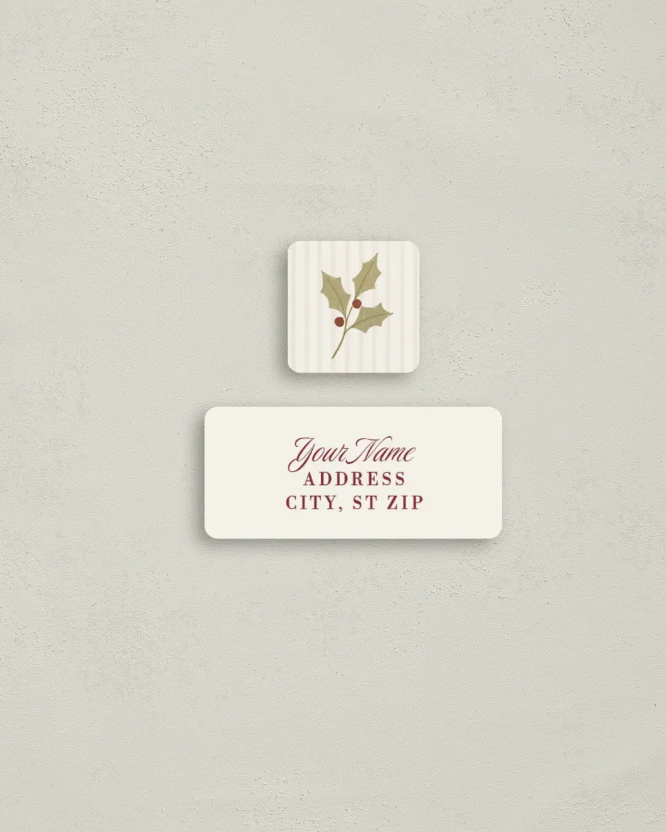 This is a 2¼" x 1" Labels; 1" x 1" Seals Return Address Label called Holly Stripe printed in full color