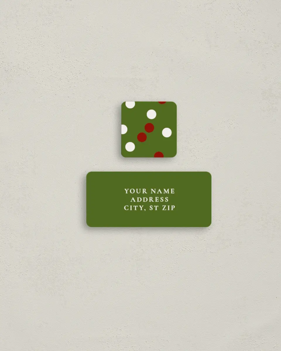 This is a 2¼" x 1" Labels; 1" x 1" Seals Return Address Label called Dotting Around the Tree printed in full color