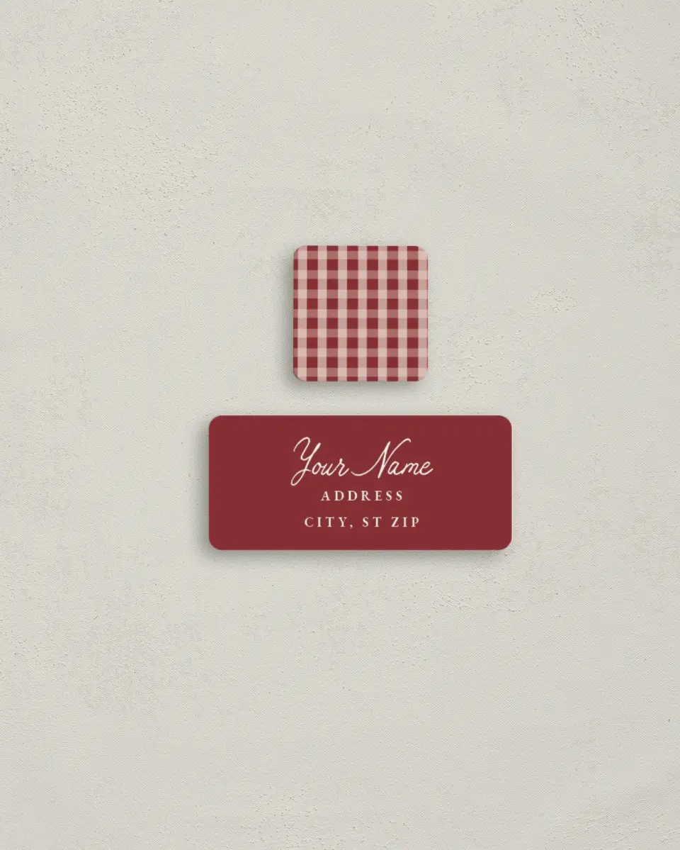 This is a 2¼" x 1" Labels; 1" x 1" Seals Return Address Label called Gingham Greetings printed in full color