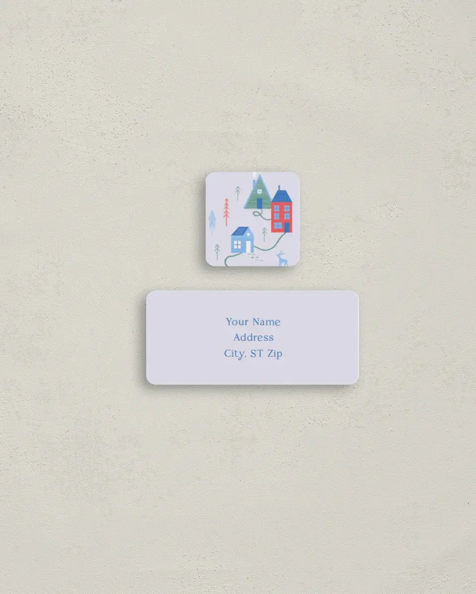This is a 2¼" x 1" Labels; 1" x 1" Seals Return Address Label called Cheerful Homes printed in full color