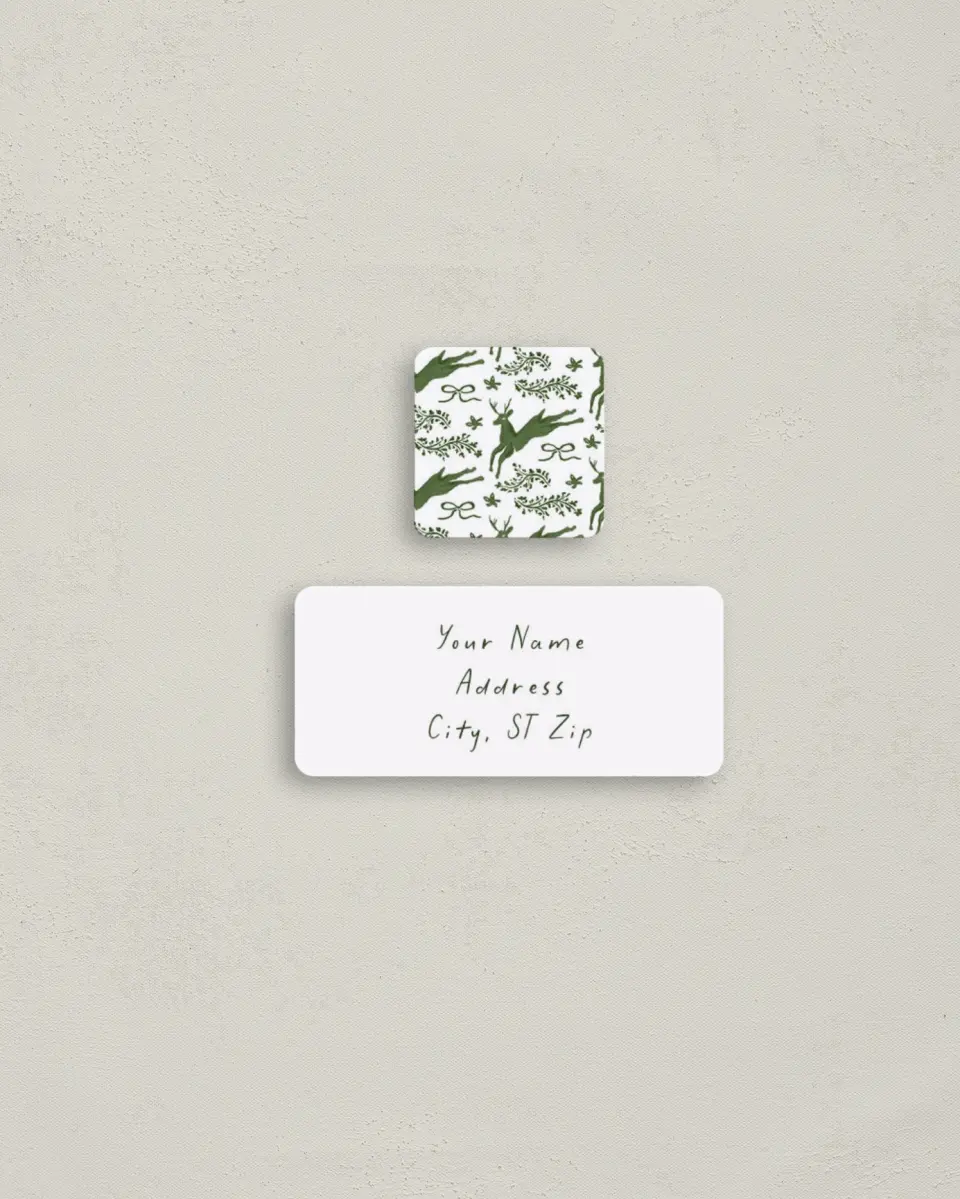 This is a 2¼" x 1" Labels; 1" x 1" Seals Return Address Label called Winter Woodland printed in full color