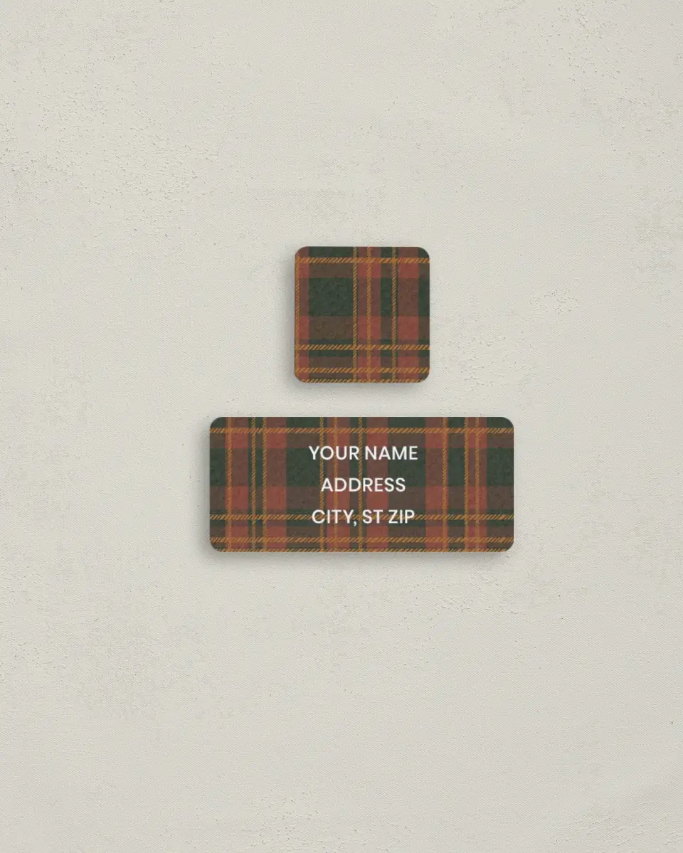 This is a 2¼" x 1" Labels; 1" x 1" Seals Return Address Label called Plaid Film Strip printed in full color