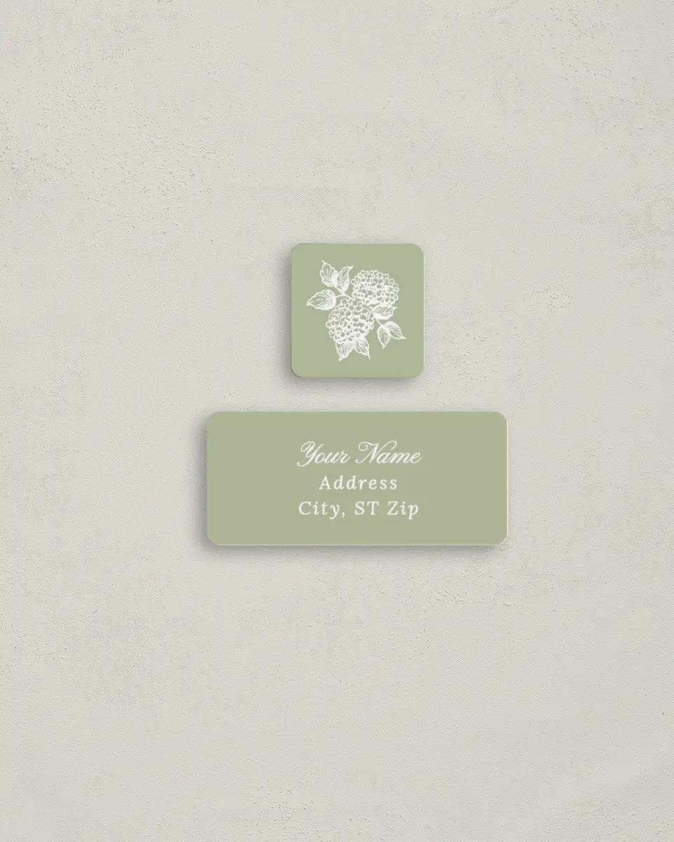 This is a 2¼" x 1" Labels; 1" x 1" Seals Return Address Label called Harmonious Hydrangea printed in full color