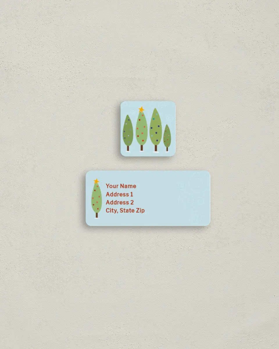 This is a 2¼" x 1" Labels; 1" x 1" Seals Return Address Label called Christmas Trees printed in full color