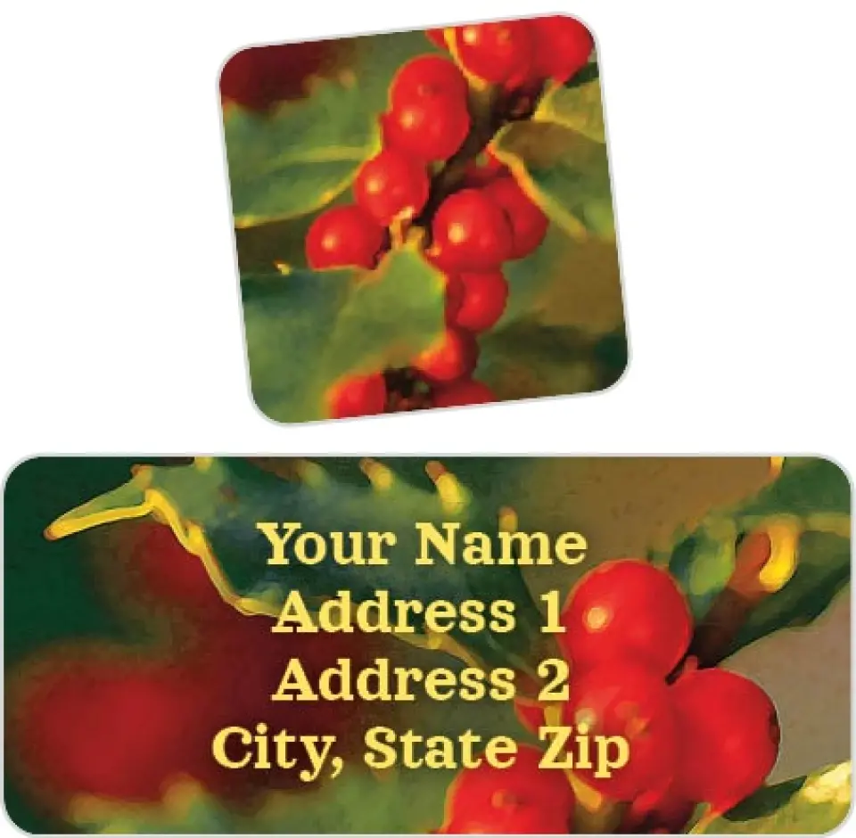 This is a 2¼" x 1" Labels; 1" x 1" Seals Return Address Label called Holly printed in full color