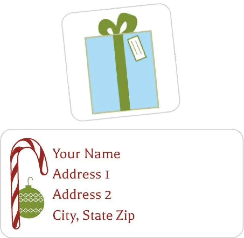 This is a 2¼" x 1" Labels; 1" x 1" Seals Return Address Label called Christmas Emblems printed in full color