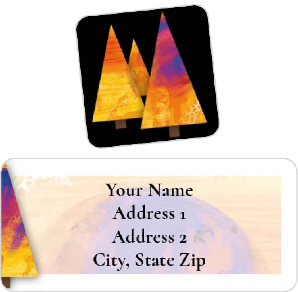 This is a 2¼" x 1" Labels; 1" x 1" Seals Return Address Label called Colored Trees printed in full color
