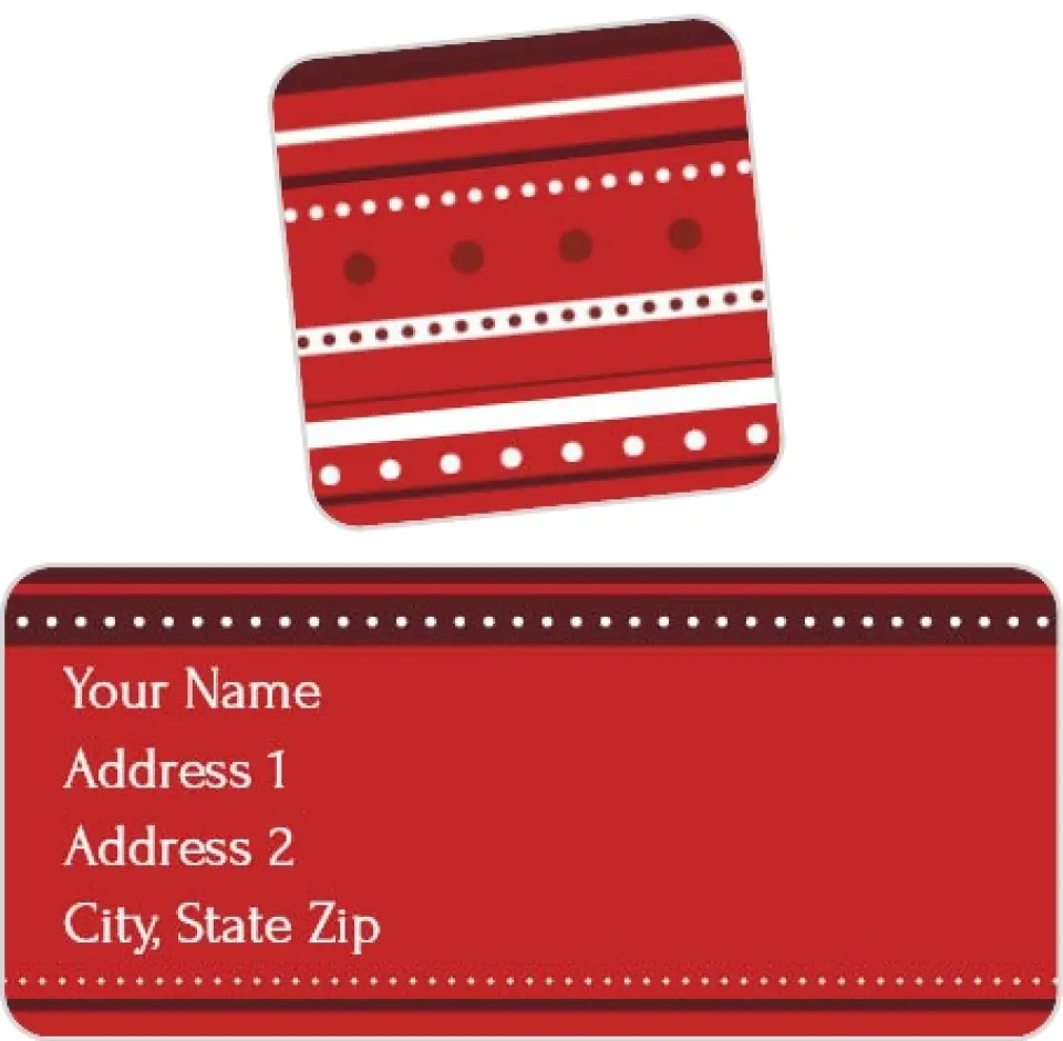 This is a 2¼" x 1" Labels; 1" x 1" Seals Return Address Label called Red Stripes printed in full color