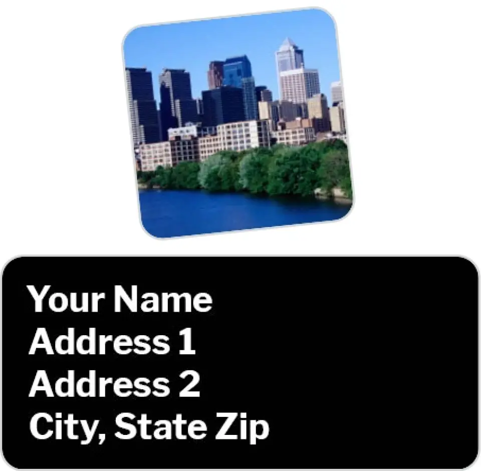 This is a 2¼" x 1" Labels; 1" x 1" Seals Return Address Label called Modern Skyline, Black with City Name printed in full color