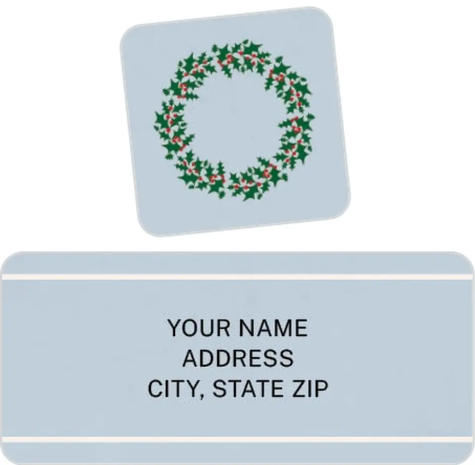 This is a 2¼" x 1" Labels; 1" x 1" Seals Return Address Label called Happy Wreath printed in full color