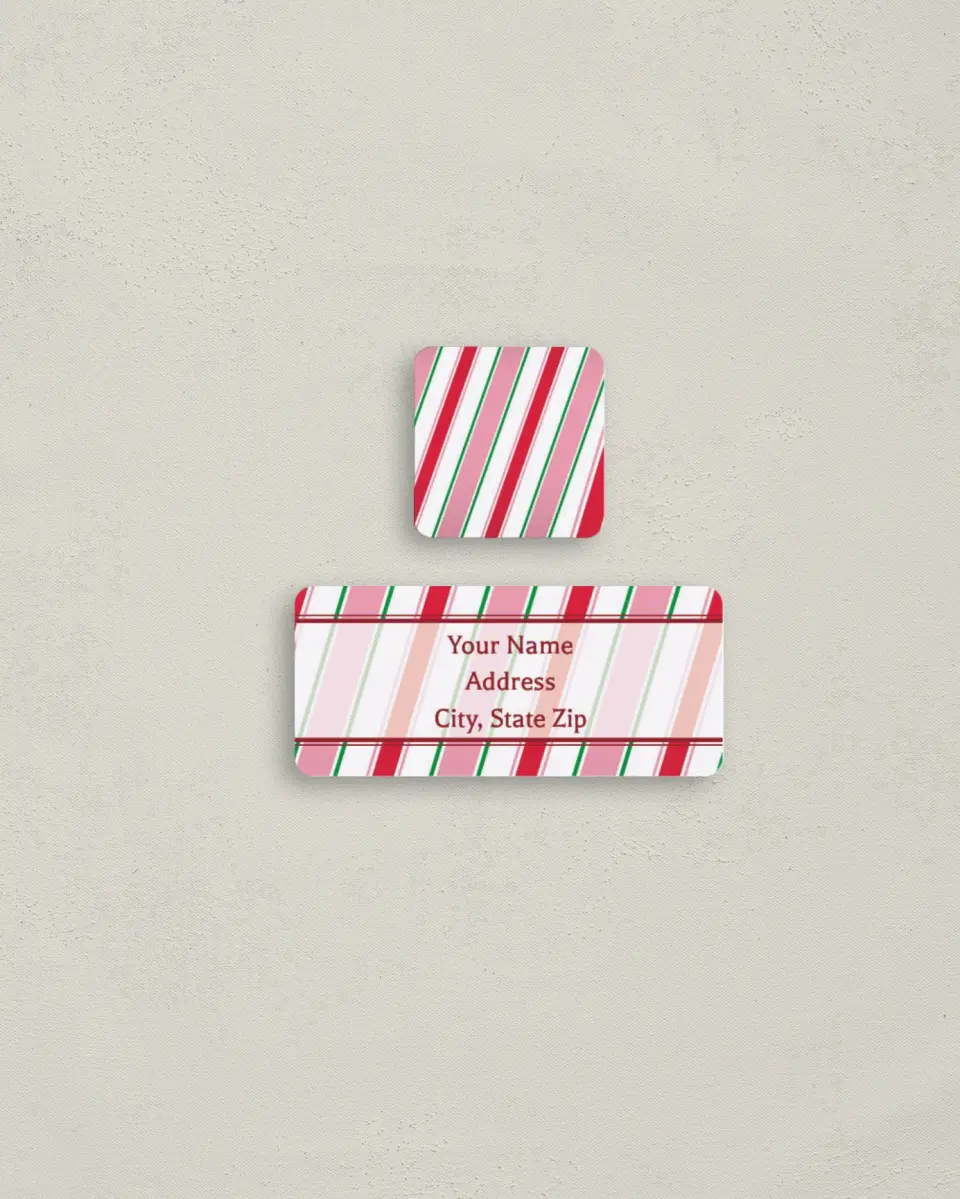 This is a 2¼" x 1" Labels; 1" x 1" Seals Return Address Label called Striped Tidings printed in full color