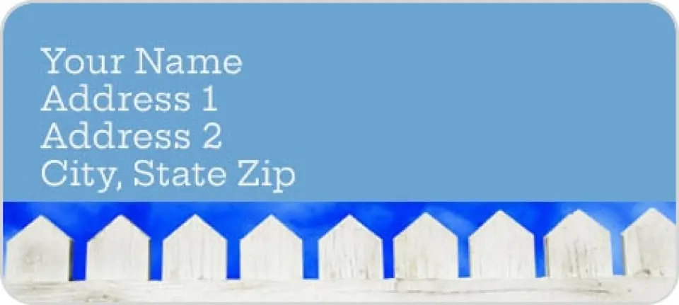 This is a 1" x 2¼" Address Label called Blue Sky & Picket Fence printed in full color