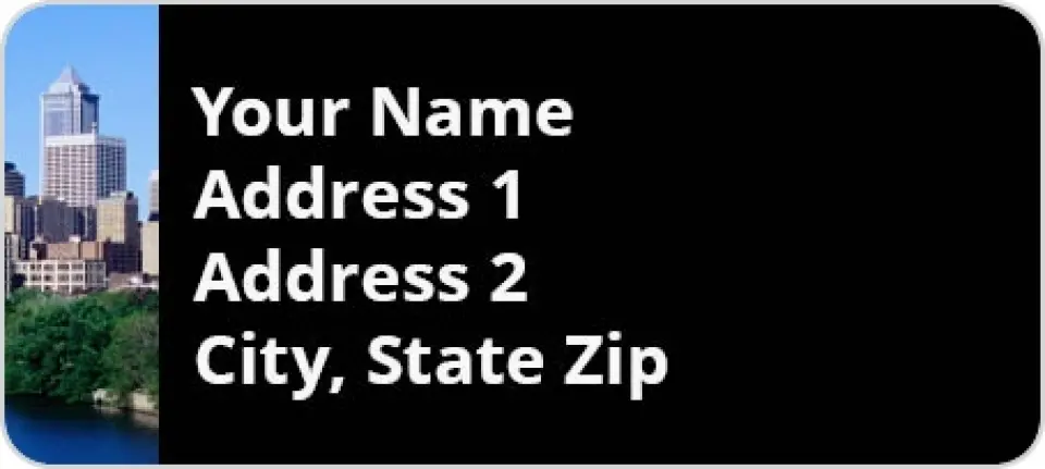 This is a 1" x 2¼" Address Label called Modern Skyline, Black with City Name printed in full color