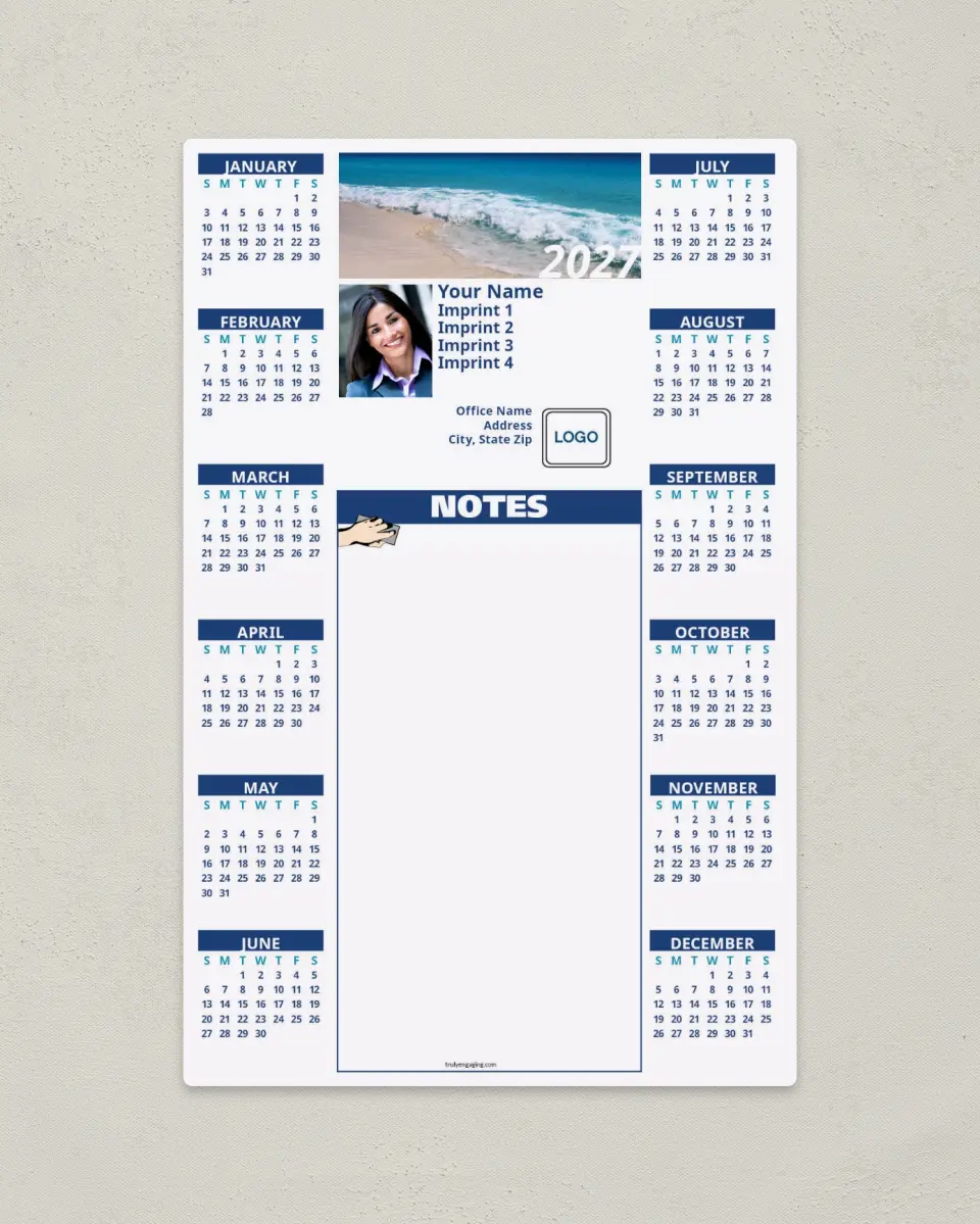 This is a 5½" x 8½" Full Magnet Calendar called White Background with Beach printed in full color with a Standard Gloss finish