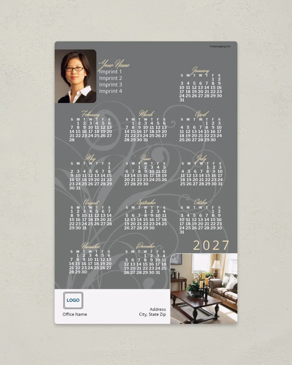This is a 5½" x 8½" Full Magnet Calendar called Professional Flourish printed in full color with a Standard Gloss finish