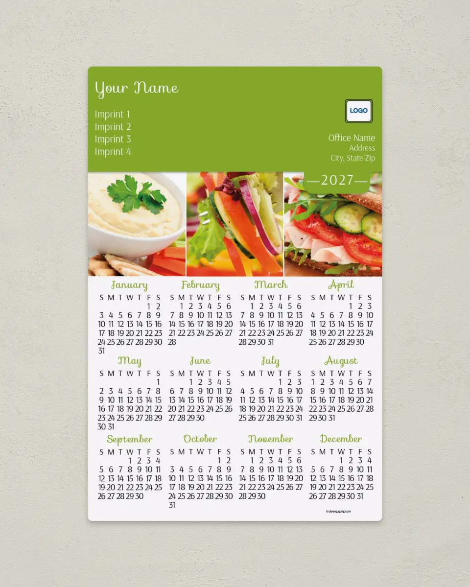 This is a 5½" x 8½" Full Magnet Calendar called Food Photography printed in full color with a Standard Gloss finish
