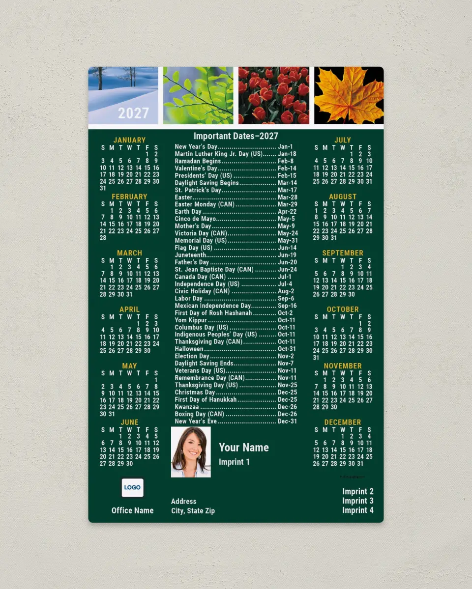 This is a 5½" x 8½" Full Magnet Calendar called Four Seasons, Important Dates printed in full color with a Standard Gloss finish
