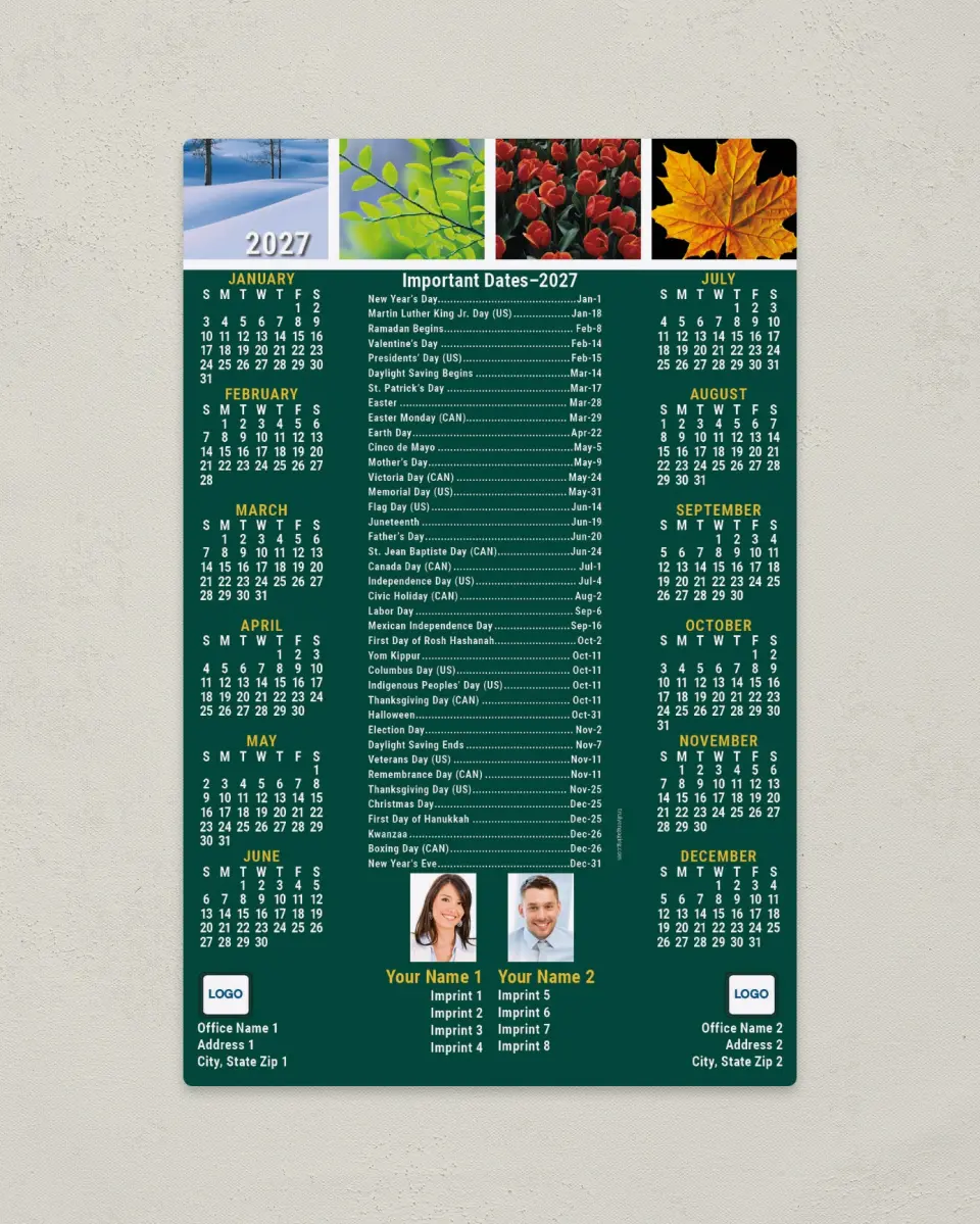This is a 5½" x 8½" Full Magnet Calendar called Four Seasons, Important Dates, 2-Person printed in full color with a Standard Gloss finish