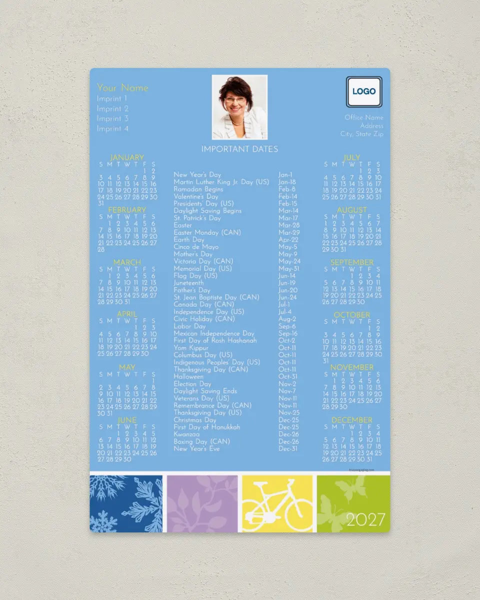 This is a 5½" x 8½" Full Magnet Calendar called Seasonal Squares printed in full color with a Standard Gloss finish